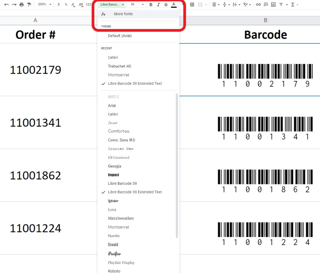 Finding the Barcode font in Google Sheets