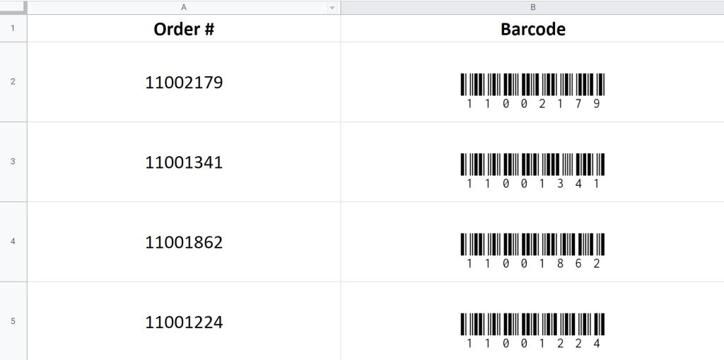Example of barcodes in Google Sheets