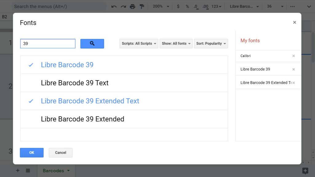 Barcode Fonts in Google Sheets