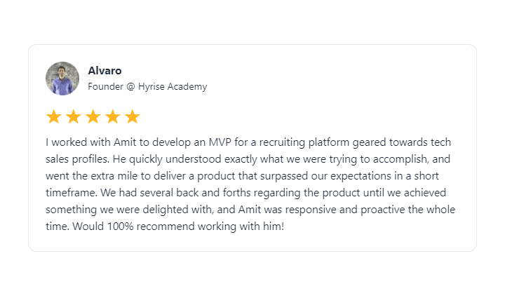 Testimonial for my Glide Apps Development service from Alvaro Rojas, founder of Hyrise Academy. Testimonial for my Glide Apps Development service from Alvaro Rojas, founder of Hyrise Academy.