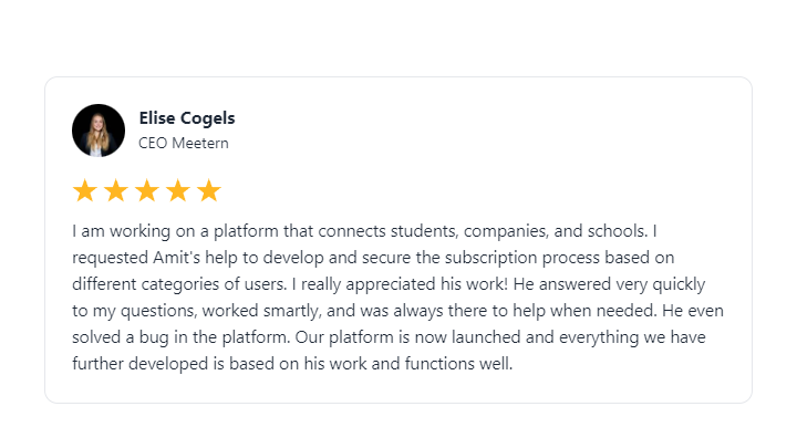 Testimonial for my Glide Apps Development service from Elise Cogels, founder of Meetern. Testimonial for my Glide Apps Development service from Elise Cogels, founder of Meetern.