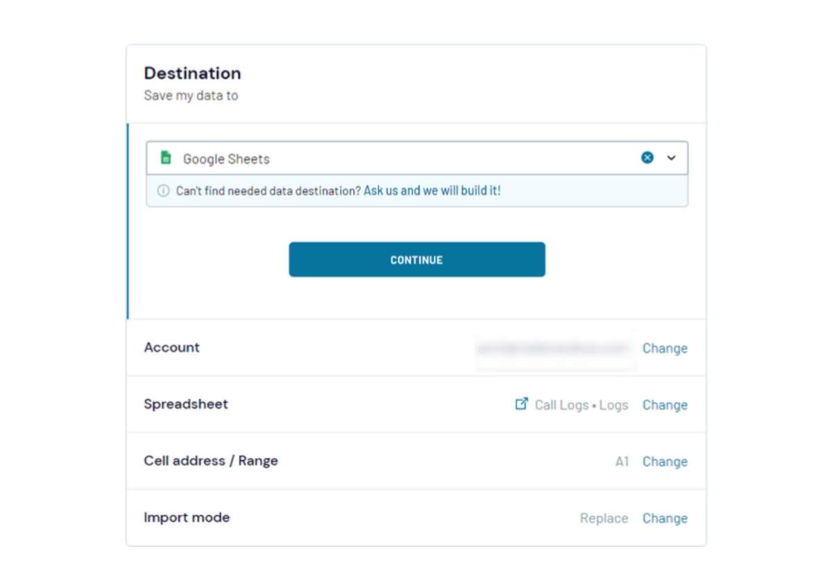 Selecting destination in Google Sheets in Coupler