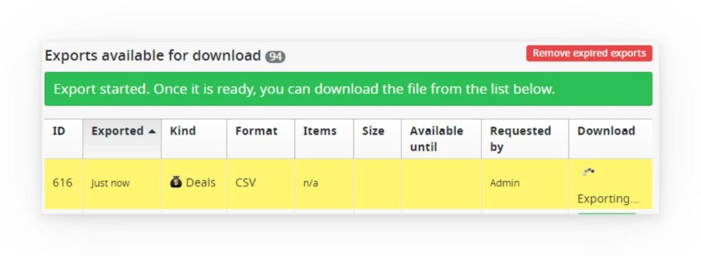 Pipedrive will start creating a CSV for download.