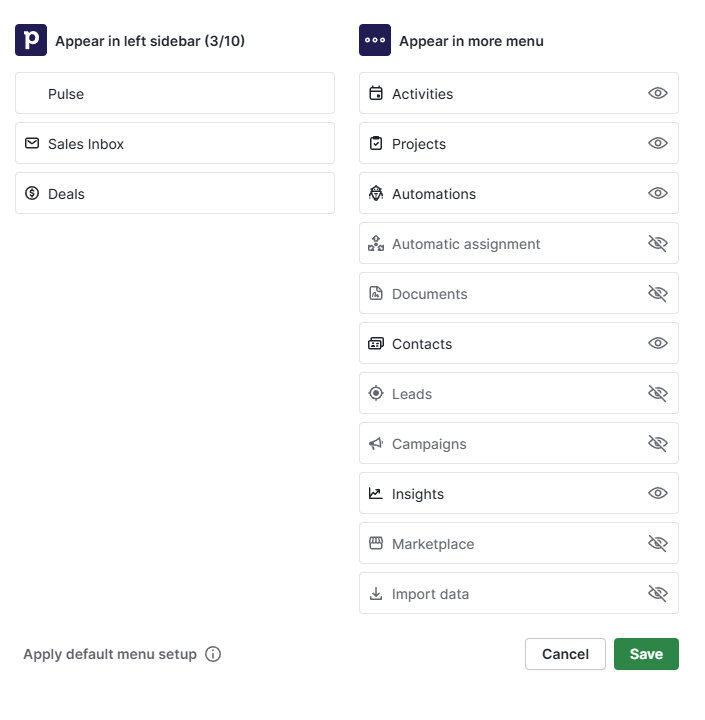 Interfaces preferences inside your Pipedrive settings